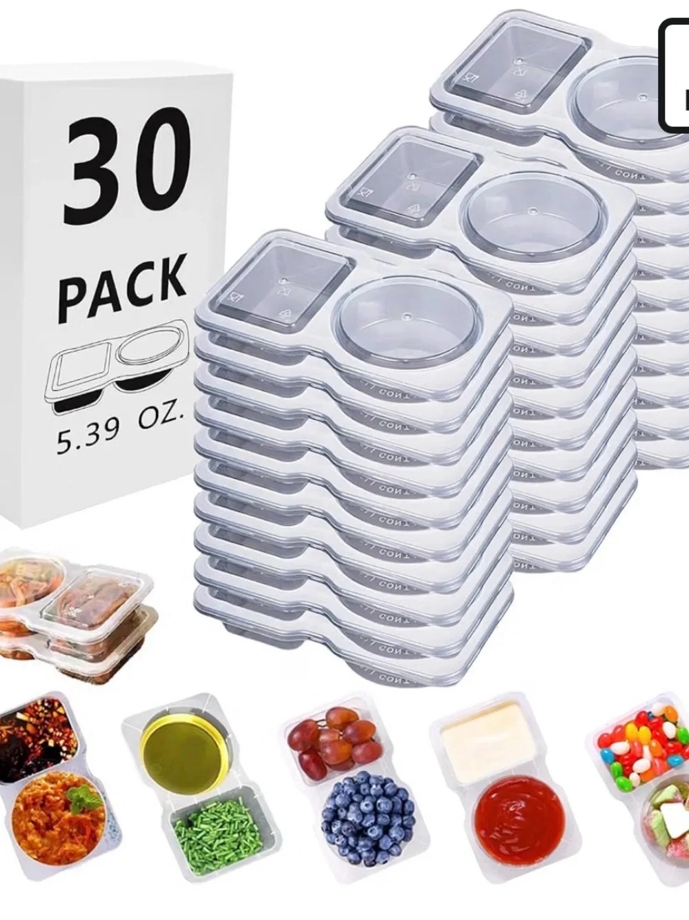 Clear Dual-Compartment Sauce & Snack Containers - 30 Pack includes 2 packs 048